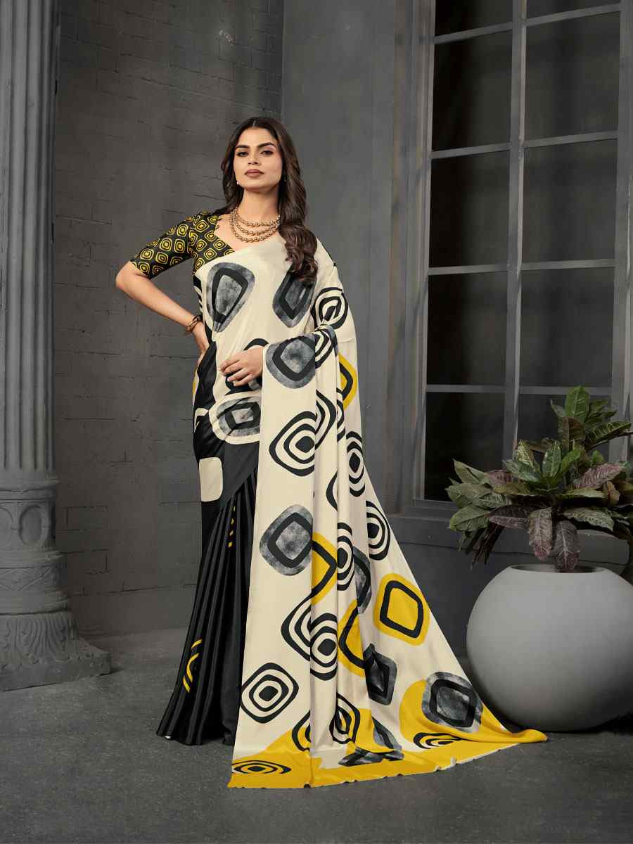 Black Malai Crepe Silk Printed Casual Reception Festival Wedding Fancy Classic Style Sarees