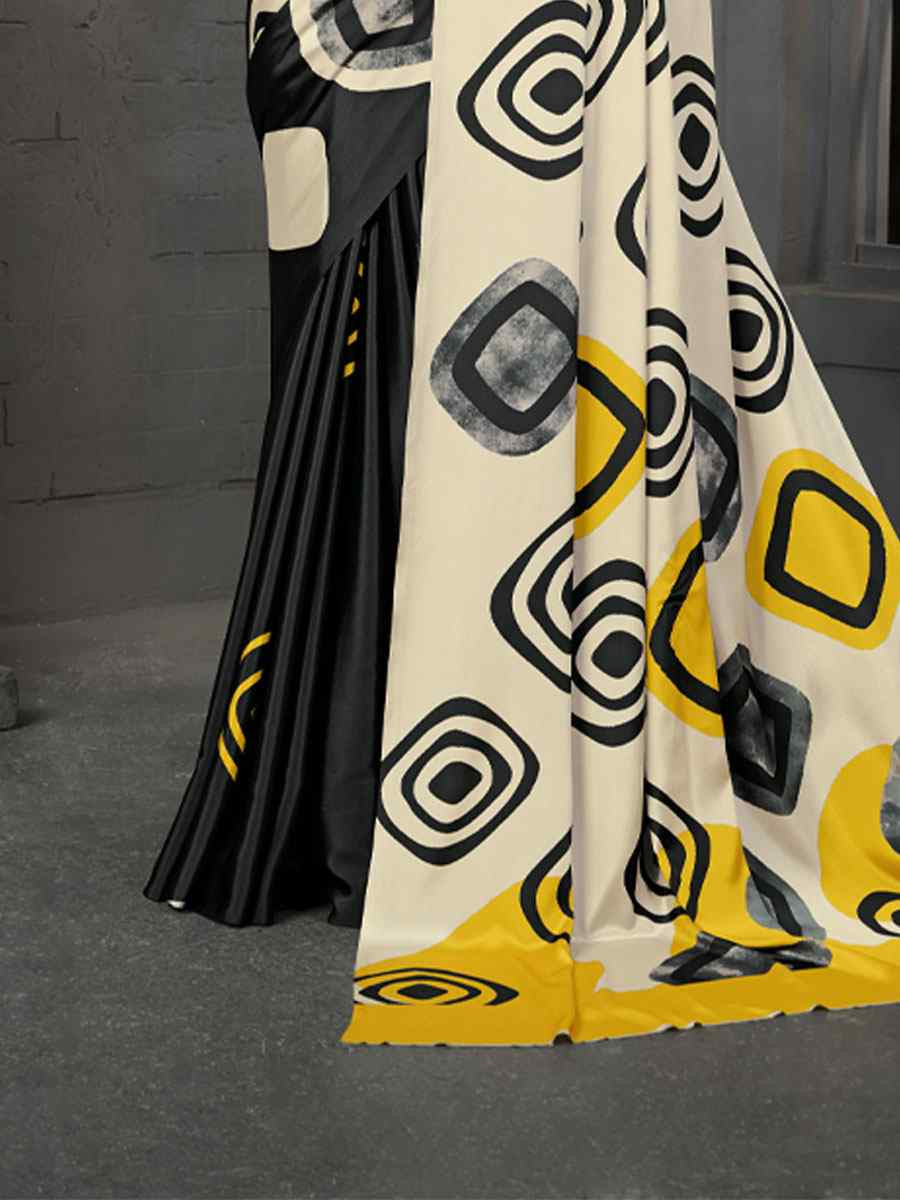 Black Malai Crepe Silk Printed Casual Reception Festival Wedding Fancy Classic Style Sarees