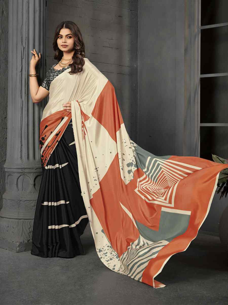 Black Malai Crepe Silk Printed Casual Reception Festival Wedding Fancy Classic Style Sarees