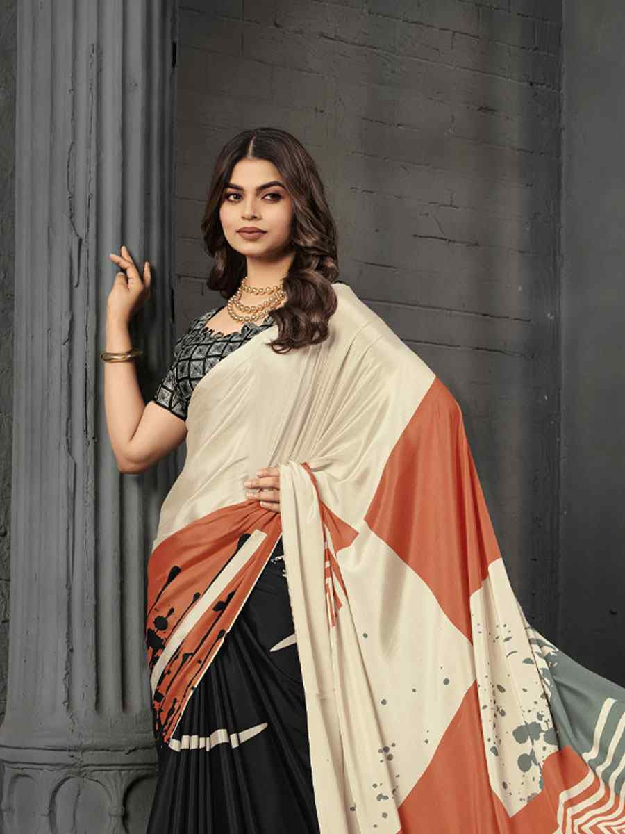 Black Malai Crepe Silk Printed Casual Reception Festival Wedding Fancy Classic Style Sarees