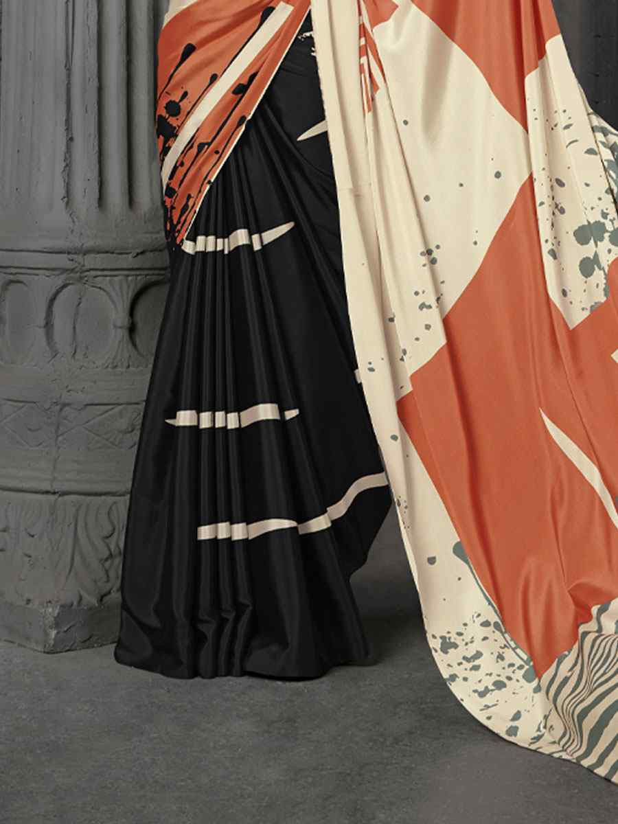 Black Malai Crepe Silk Printed Casual Reception Festival Wedding Fancy Classic Style Sarees