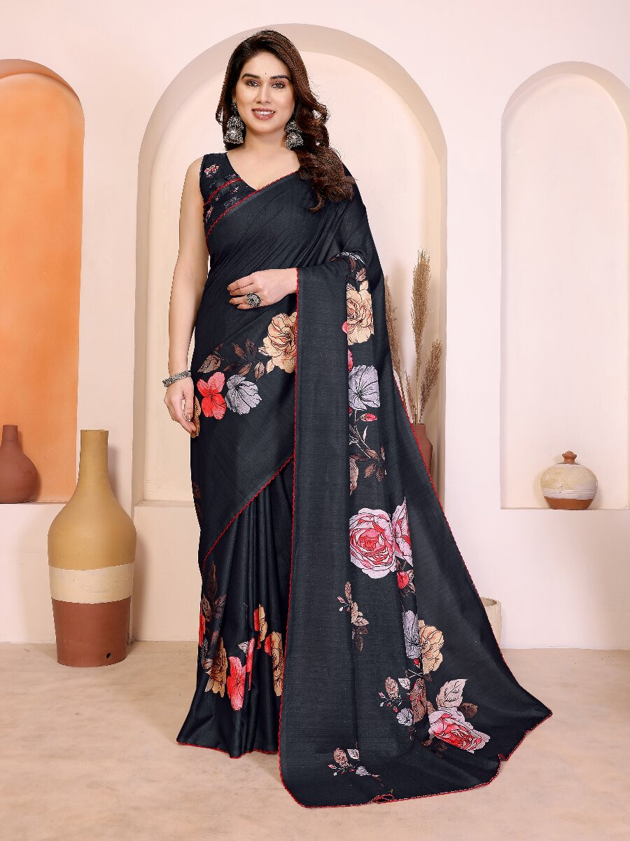 Black Manipuri Digital Printed Wedding Reception Party Festival Casual Heavy Border Sarees