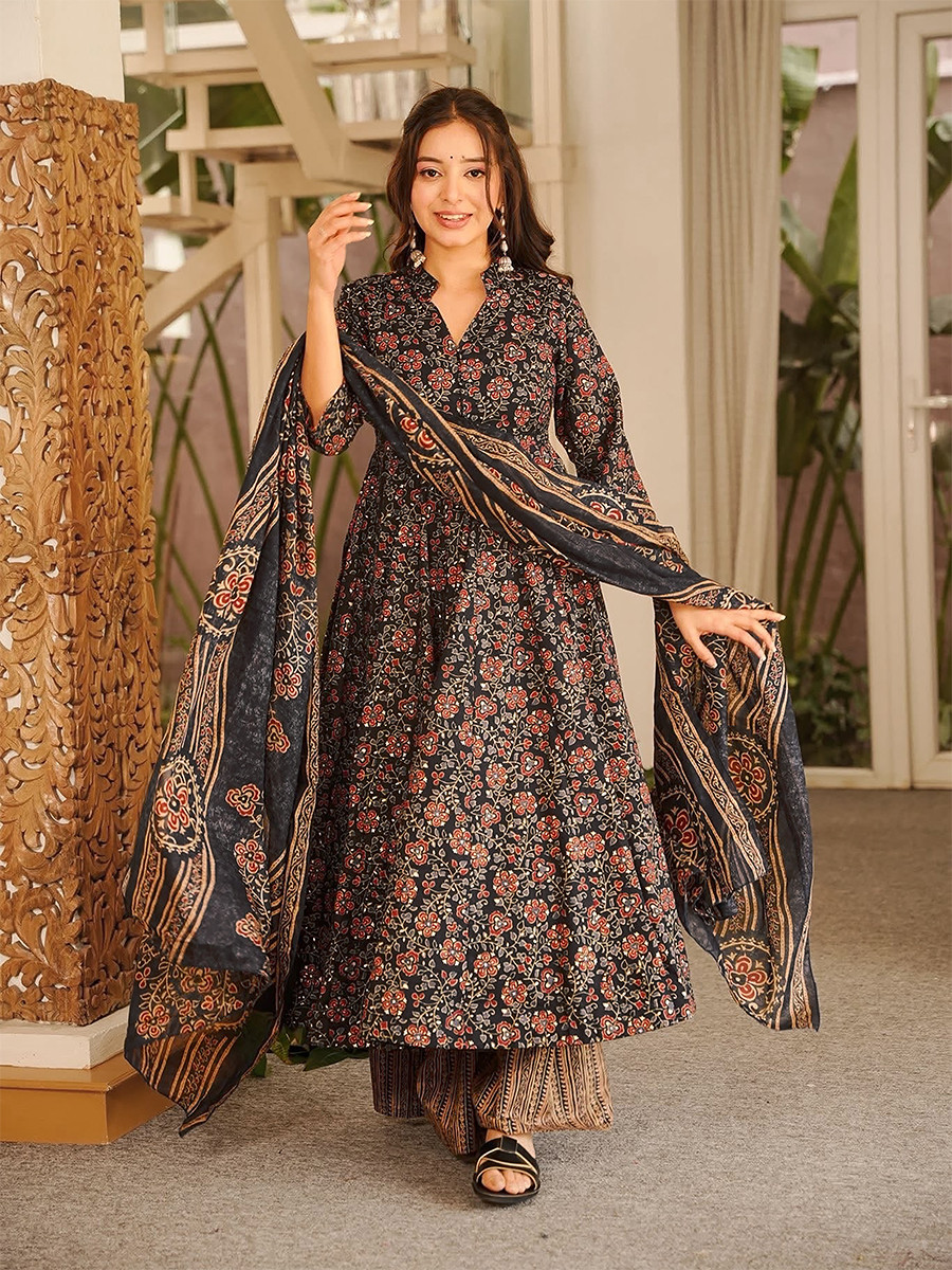 Black Maslin Digital Printed Wedding Party Festival Casual Ready Anarkali Palazzo Pant Salwar Kameez