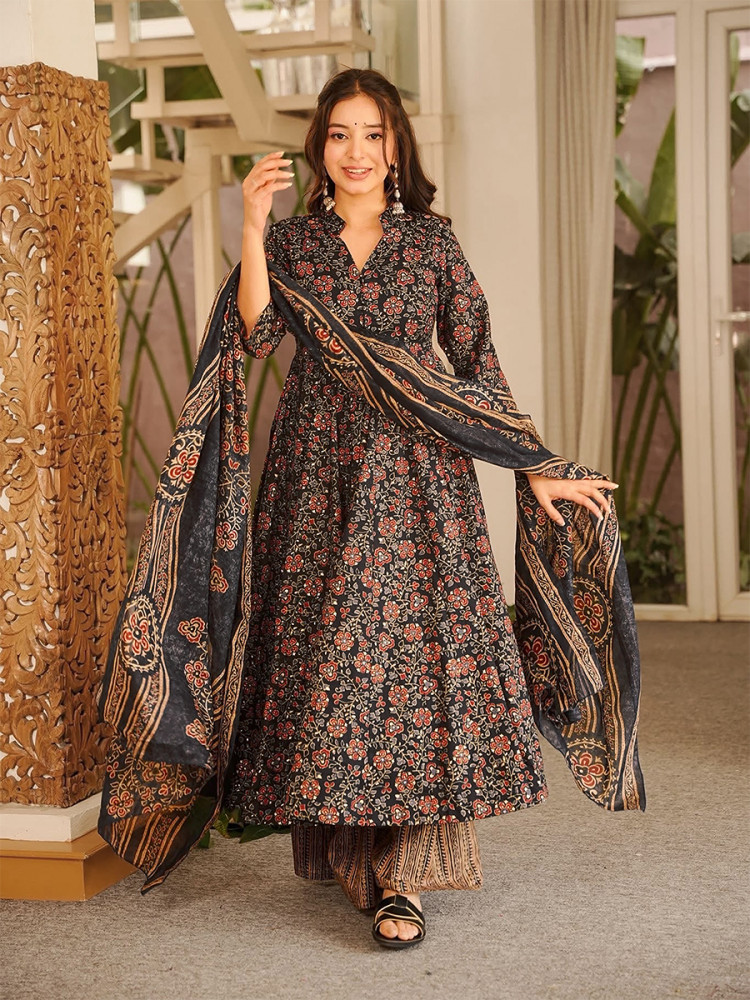 Image of Black Maslin Digital Printed Wedding Party Festival Casual Ready Anarkali Palazzo Pant Salwar Kameez