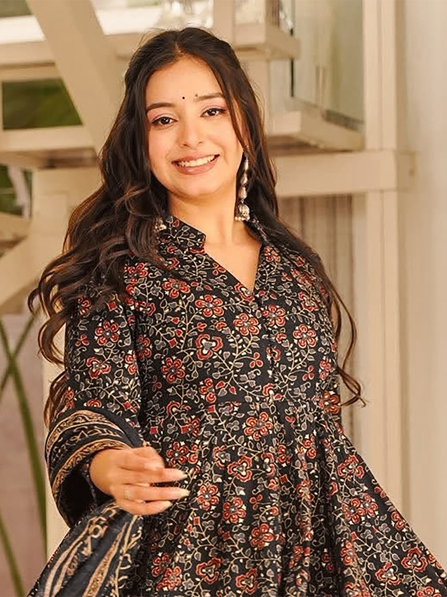 Black Maslin Digital Printed Wedding Party Festival Casual Ready Anarkali Palazzo Pant Salwar Kameez