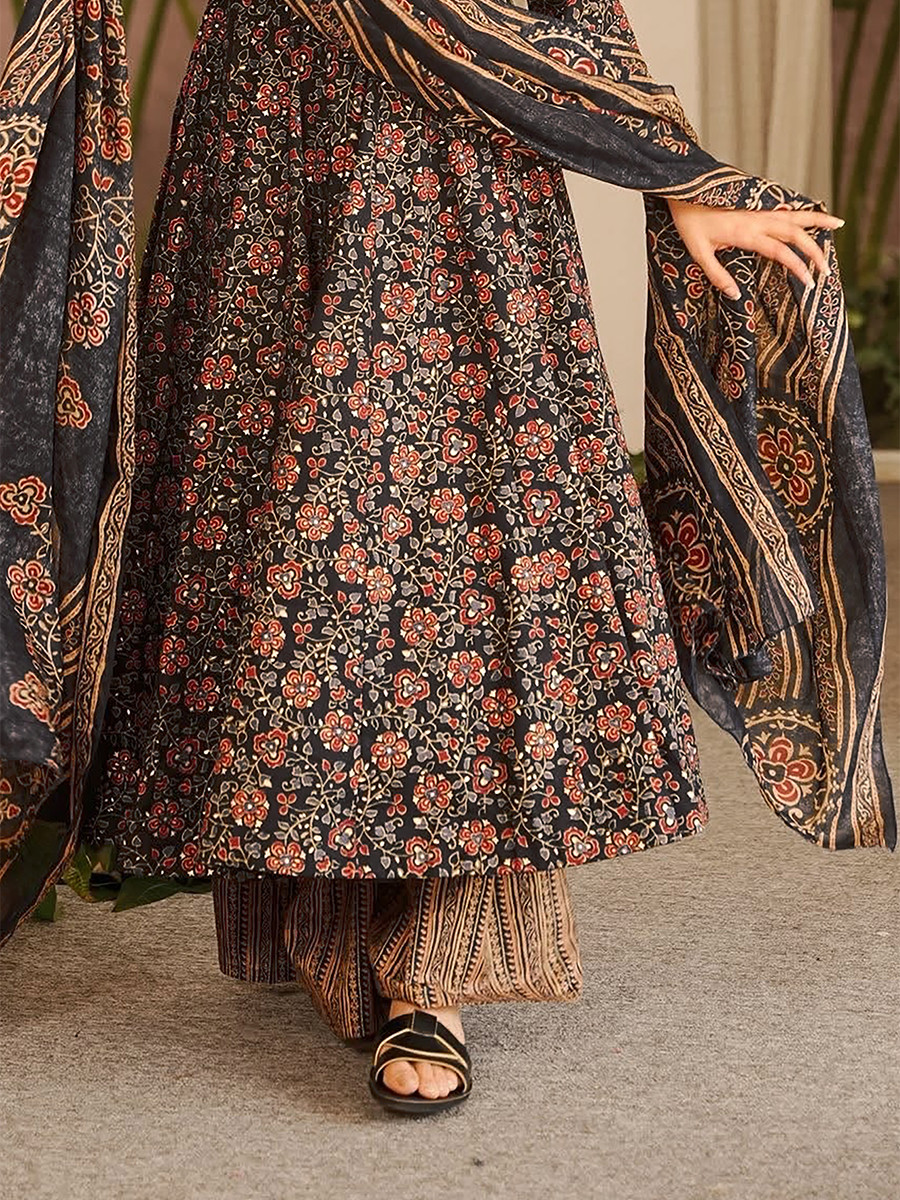 Black Maslin Digital Printed Wedding Party Festival Casual Ready Anarkali Palazzo Pant Salwar Kameez
