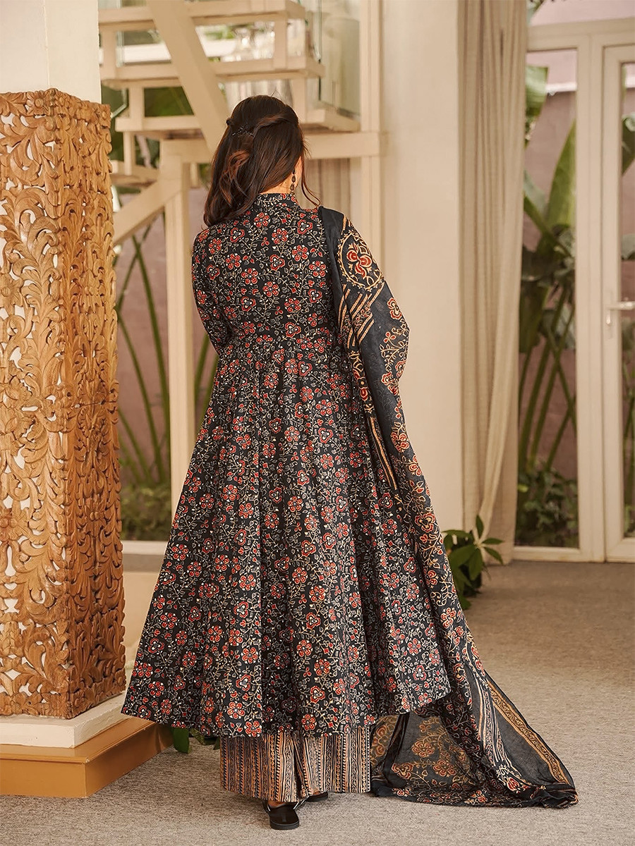 Black Maslin Digital Printed Wedding Party Festival Casual Ready Anarkali Palazzo Pant Salwar Kameez