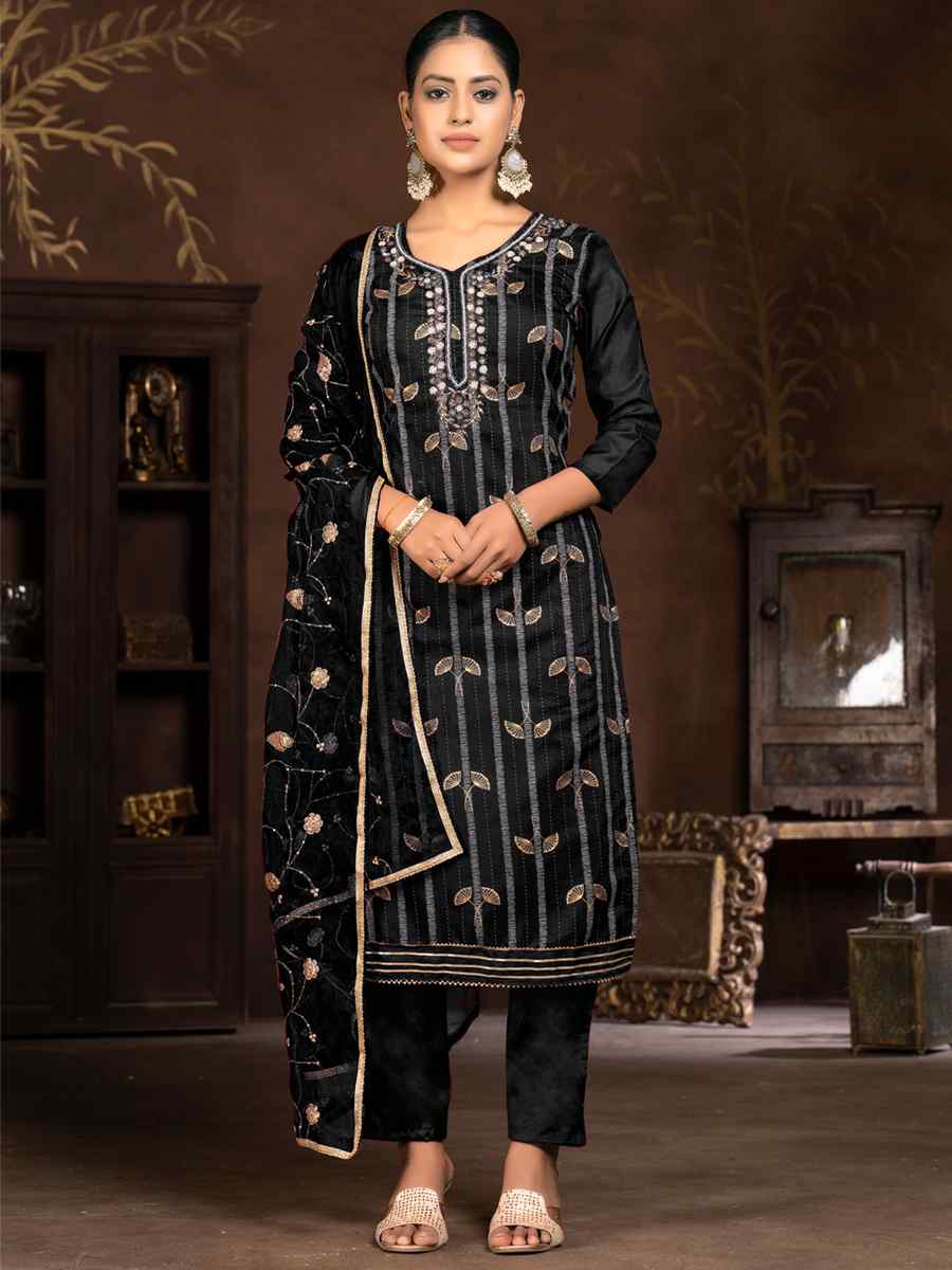 Black Modal Cotton Jacquard Embroidered Casual Festival Pant Salwar Kameez