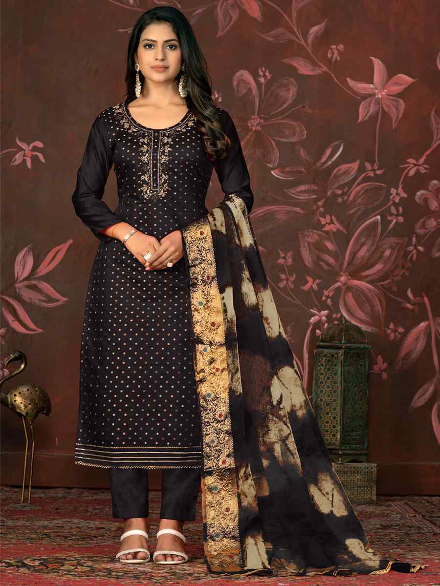 Black Modal Cotton Jacquard Embroidered Casual Festival Pant Salwar Kameez