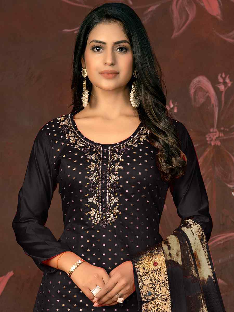 Black Modal Cotton Jacquard Embroidered Casual Festival Pant Salwar Kameez