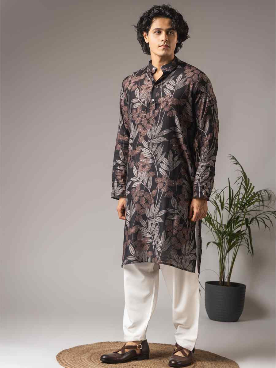 Black Modal Silk Printed Festival Wedding Party Mens Kurta