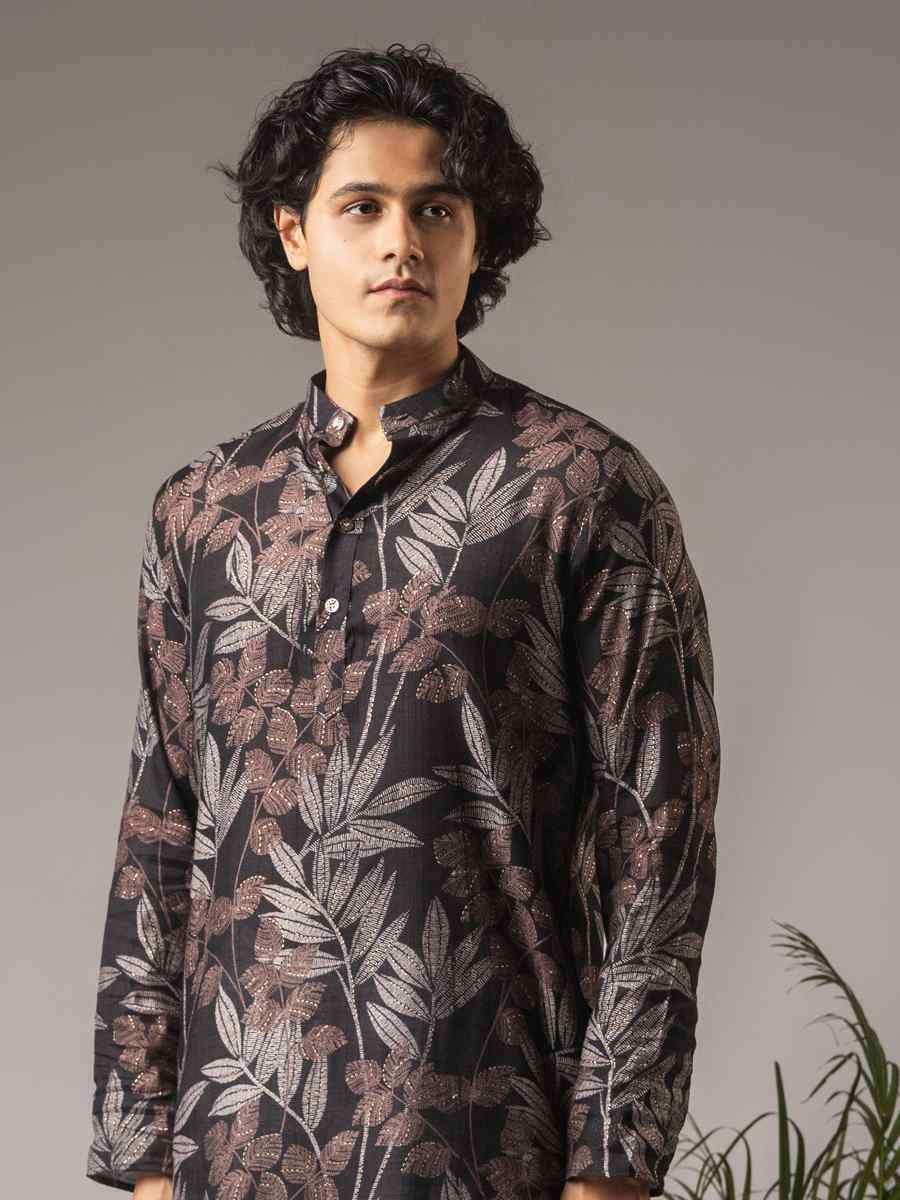 Black Modal Silk Printed Festival Wedding Party Mens Kurta