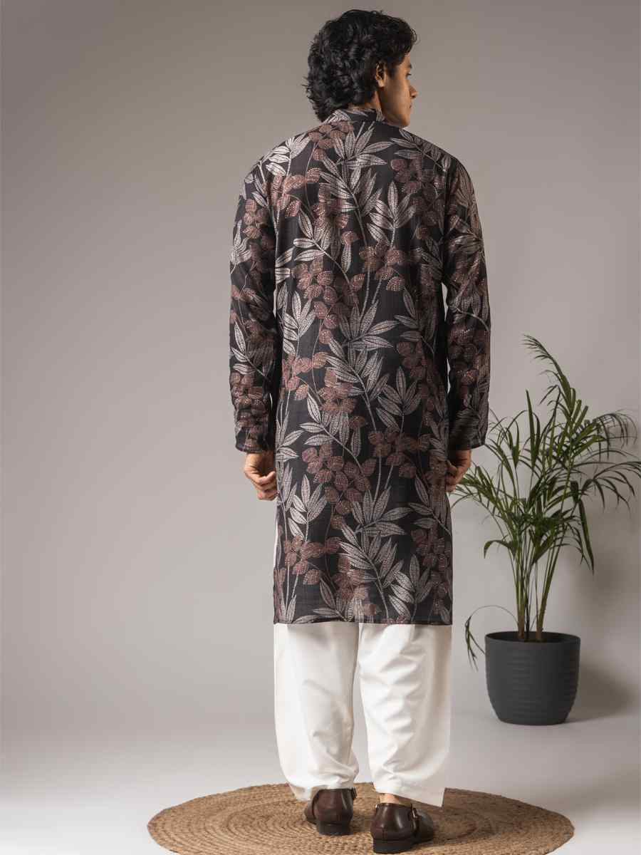 Black Modal Silk Printed Festival Wedding Party Mens Kurta