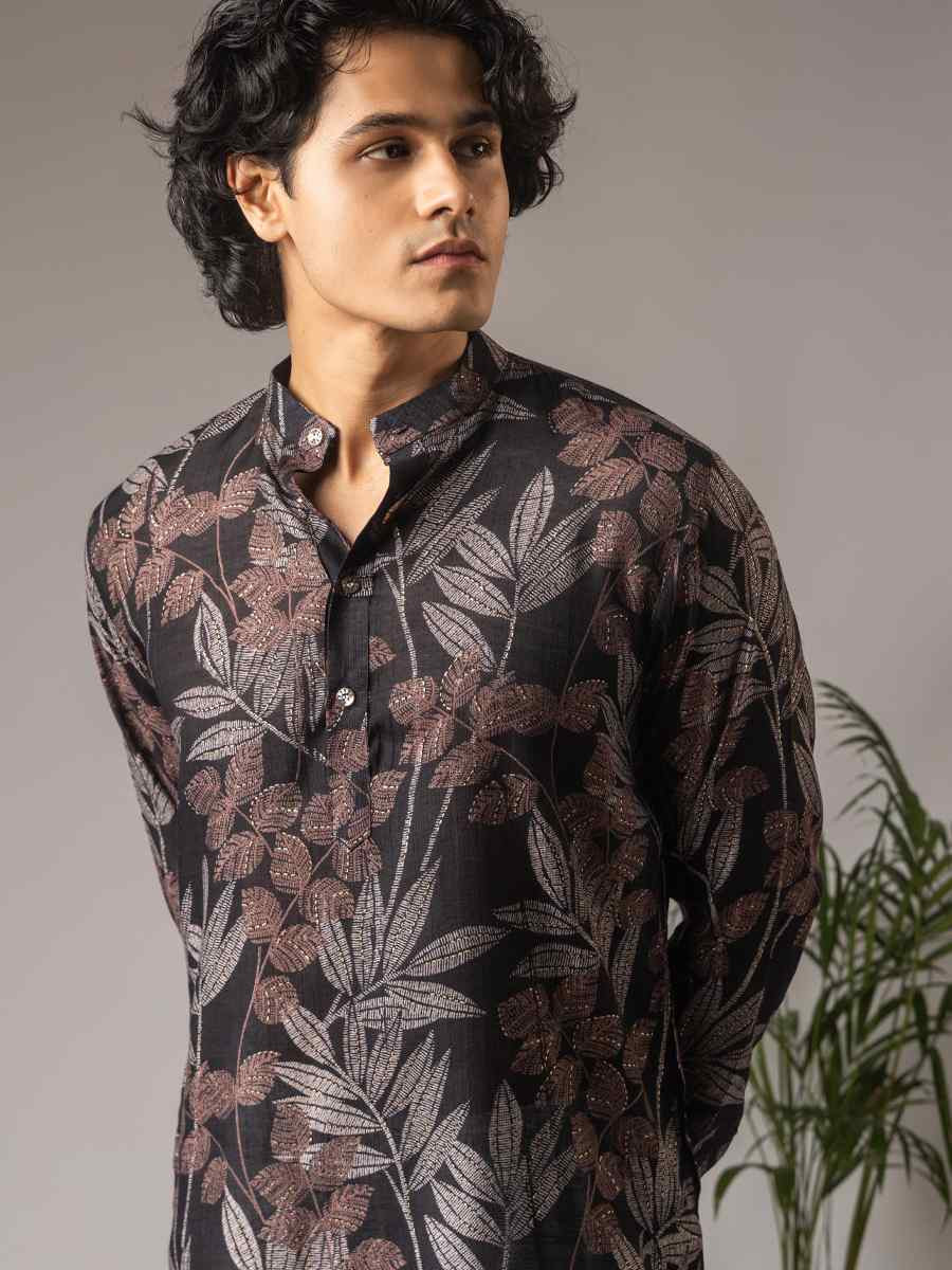 Black Modal Silk Printed Festival Wedding Party Mens Kurta