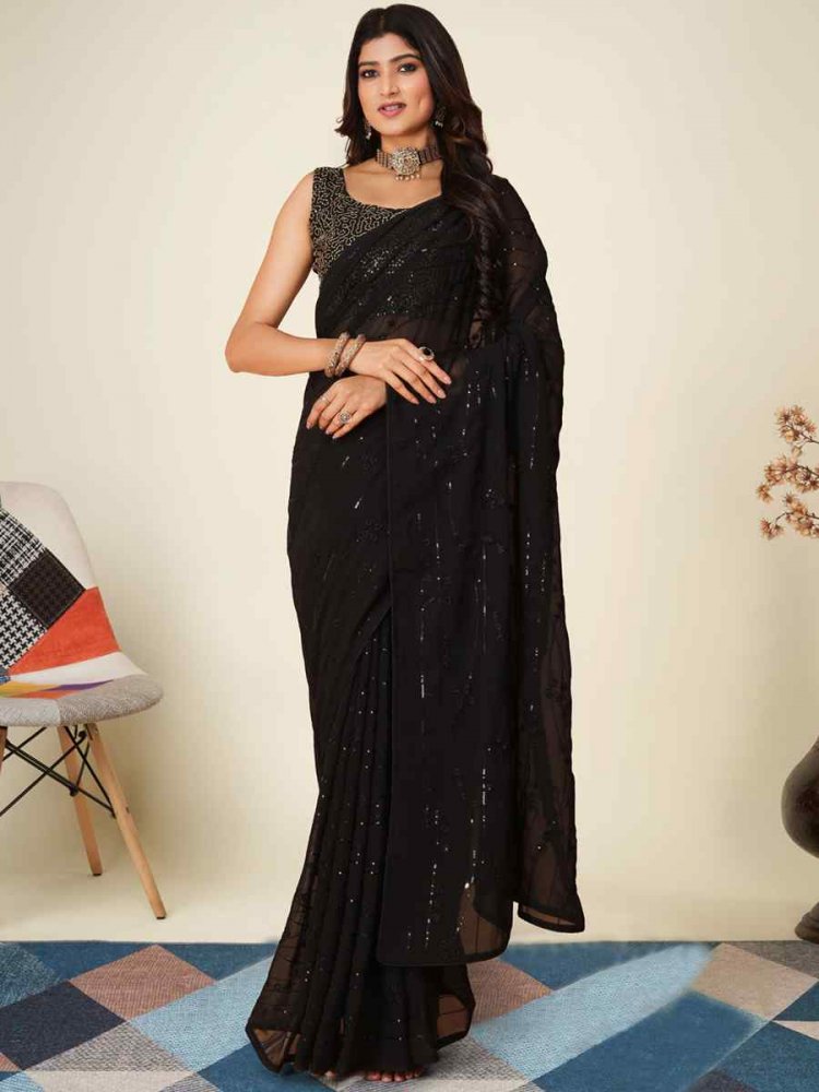 Black Mono Banglory Silk Embroidered Reception Party Classic Style Saree