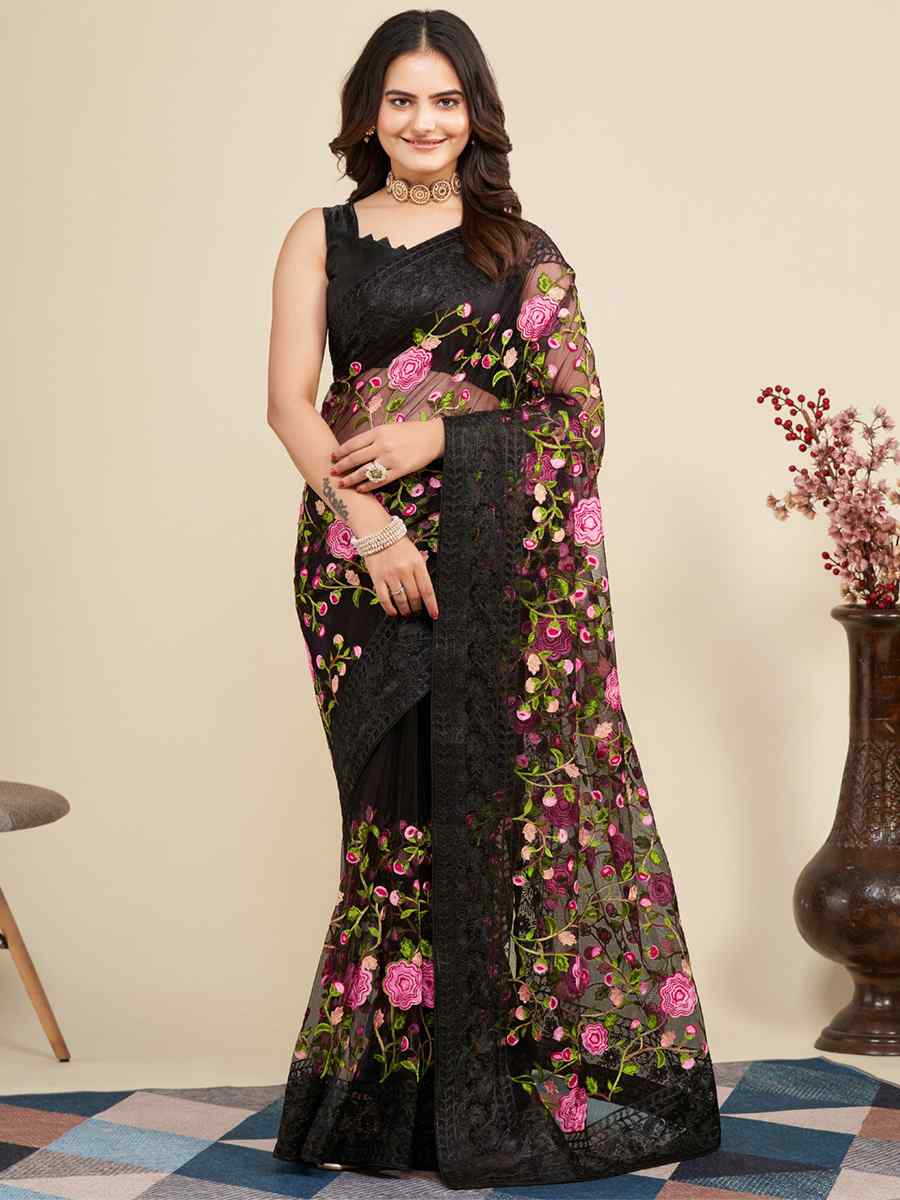 Black Mono Banglory Silk Embroidered Reception Party Heavy Border Saree