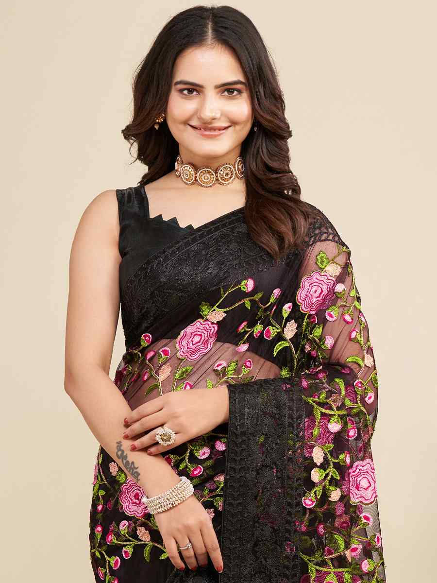 Black Mono Banglory Silk Embroidered Reception Party Heavy Border Saree