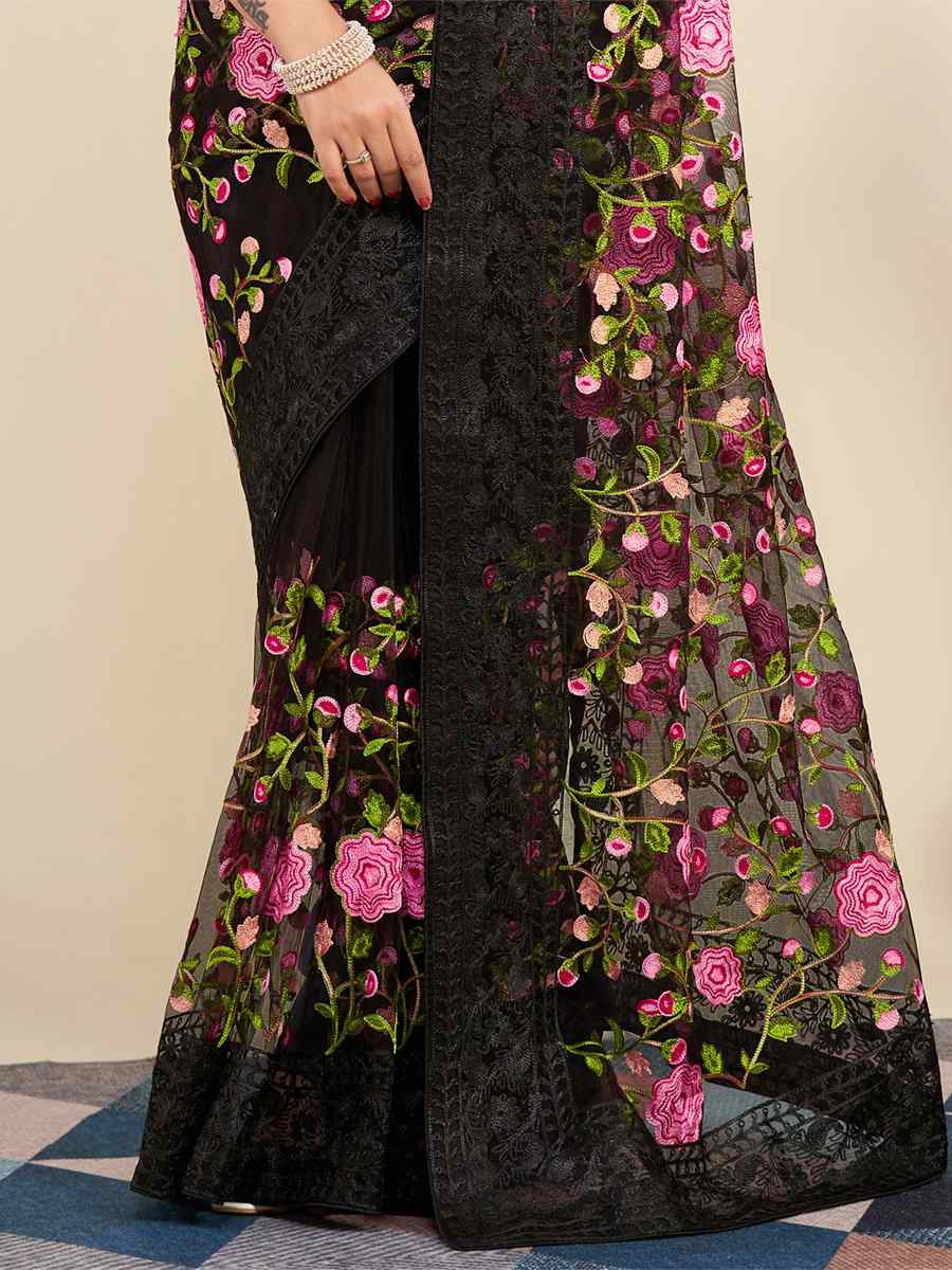 Black Mono Banglory Silk Embroidered Reception Party Heavy Border Saree