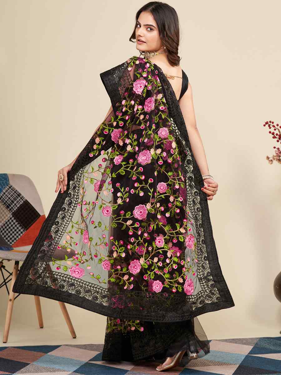 Black Mono Banglory Silk Embroidered Reception Party Heavy Border Saree