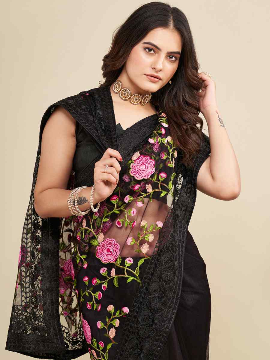 Black Mono Banglory Silk Embroidered Reception Party Heavy Border Saree