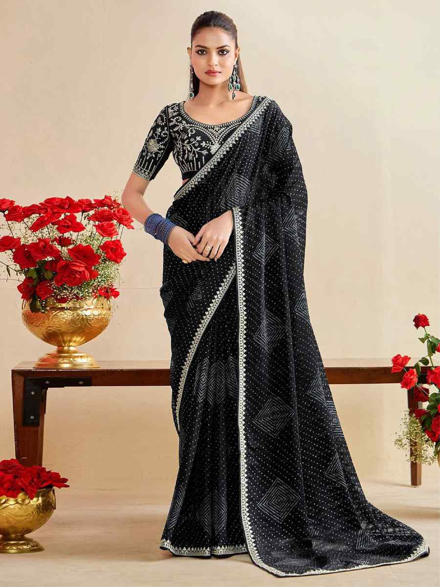 Black Moss Chiffon Embroidery Party Bridal Reception Festival Wedding Fancy Heavy Border Saree