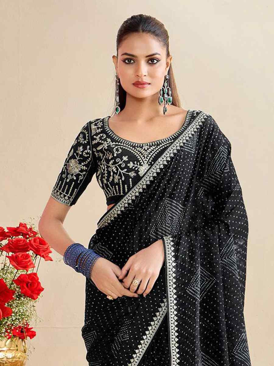 Black Moss Chiffon Embroidery Party Bridal Reception Festival Wedding Fancy Heavy Border Saree