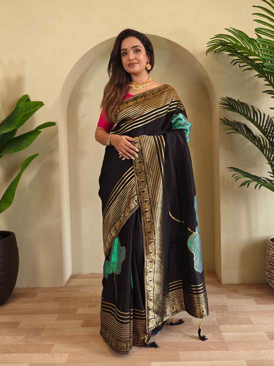 Black Munga Silk Handwoven Festival Wedding Fancy Heavy Border Saree