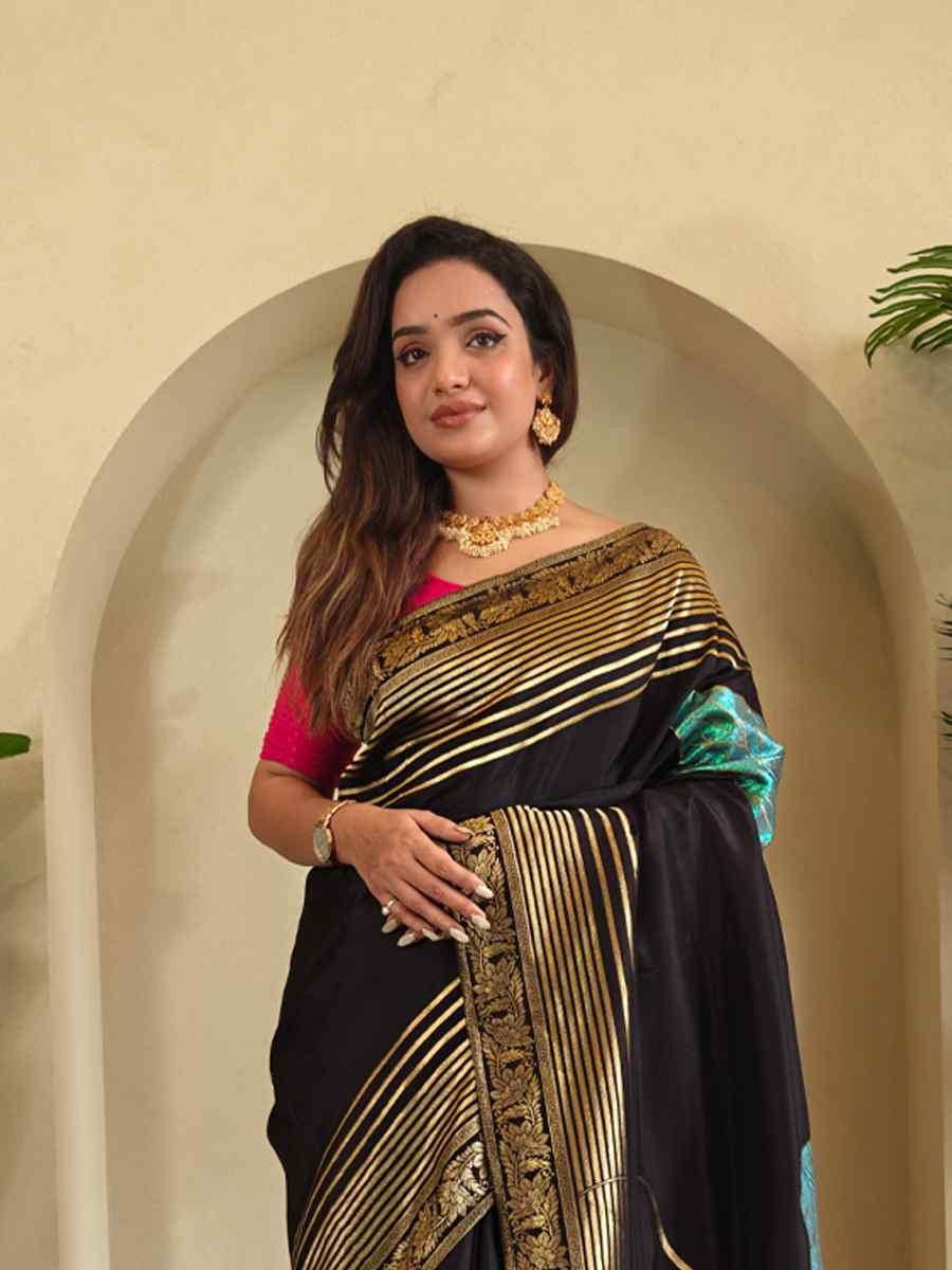 Black Munga Silk Handwoven Festival Wedding Fancy Heavy Border Saree