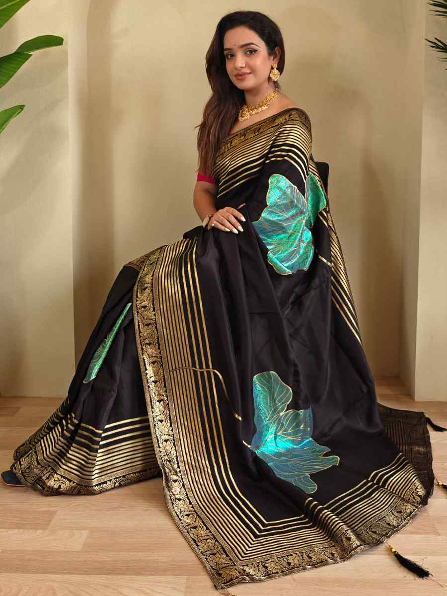 Black Munga Silk Handwoven Festival Wedding Fancy Heavy Border Saree