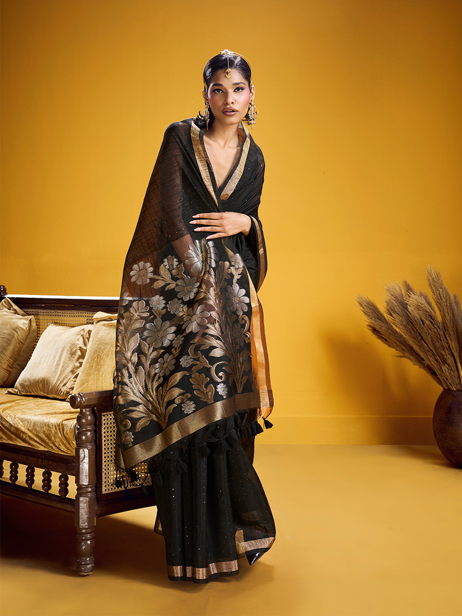 Black Munga Silk Printed Zari Festival Wedding Party Fancy Reception Heavy Border Saree
