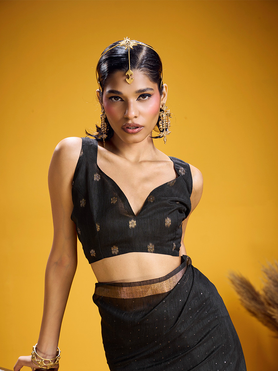 Black Munga Silk Printed Zari Festival Wedding Party Fancy Reception Heavy Border Saree