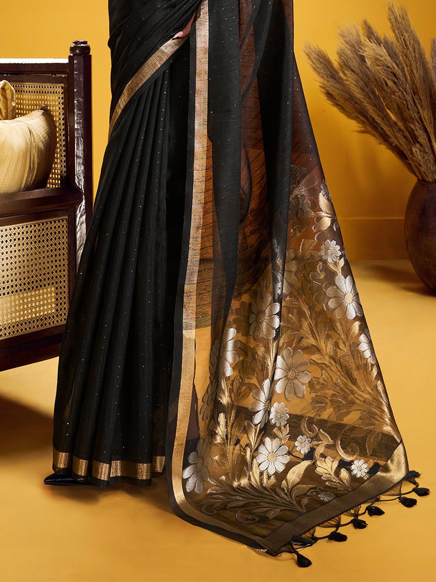 Black Munga Silk Printed Zari Festival Wedding Party Fancy Reception Heavy Border Saree
