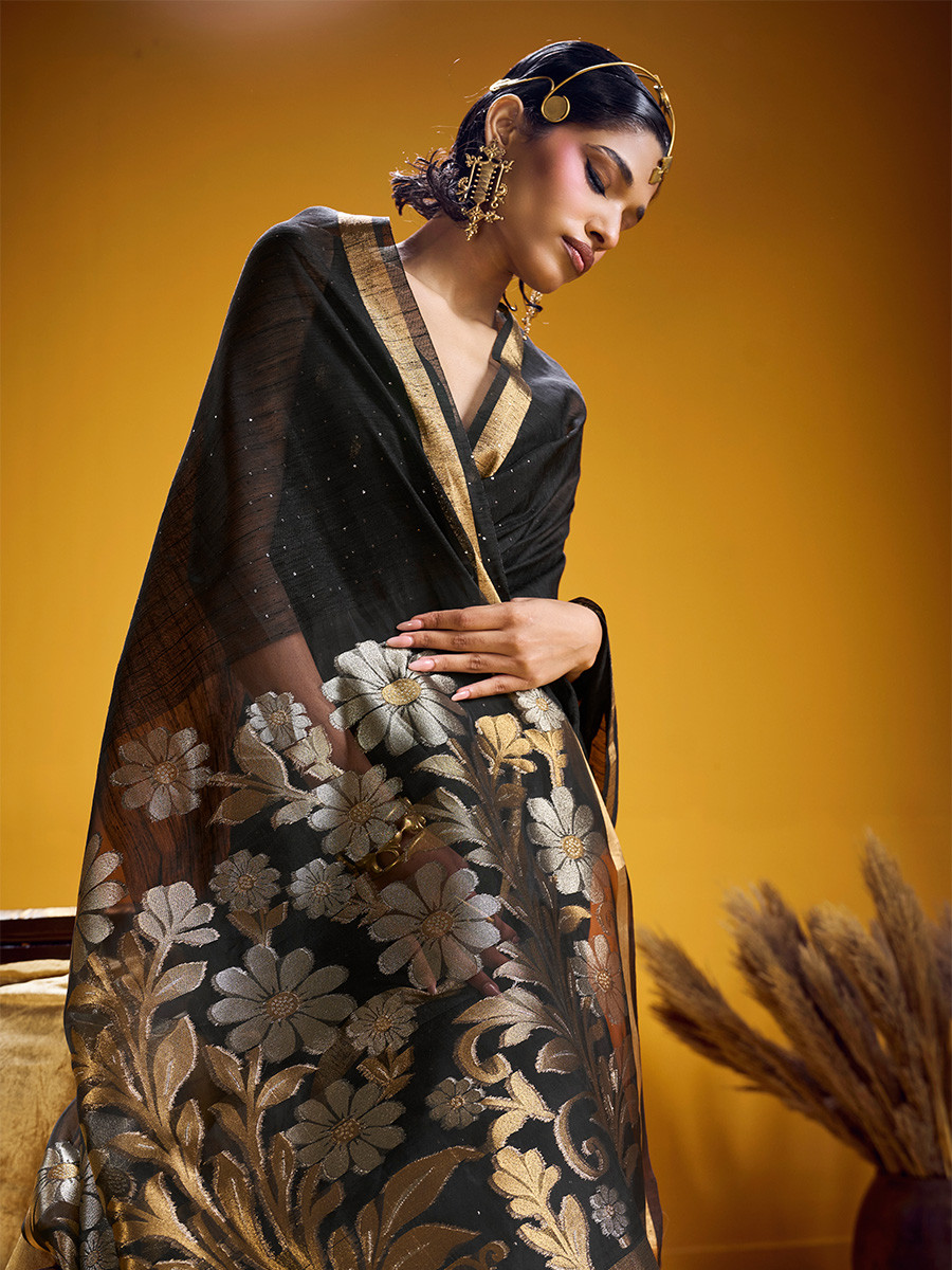 Black Munga Silk Printed Zari Festival Wedding Party Fancy Reception Heavy Border Saree