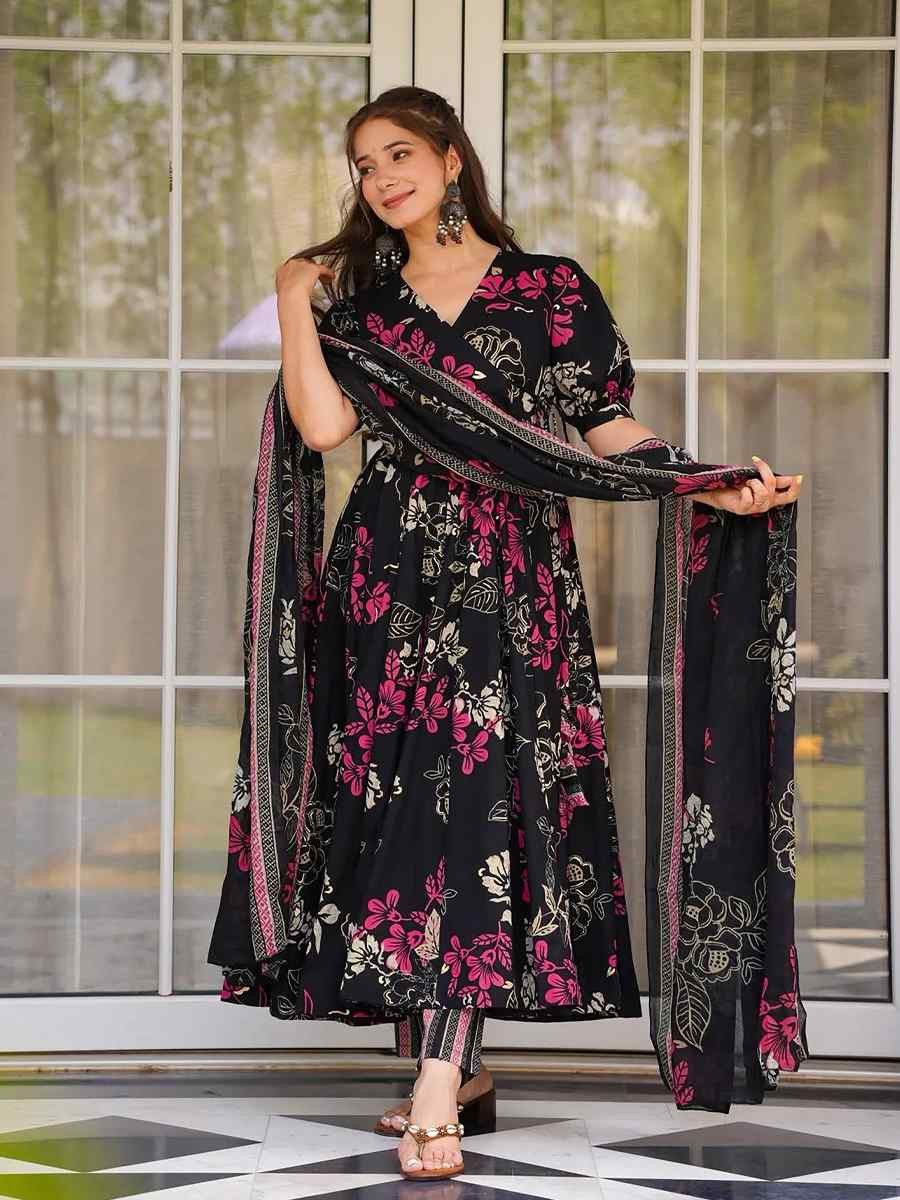 Black Muslin Cotton Printed Party Wedding Festival Casual Ready Anarkali Salwar Kameez