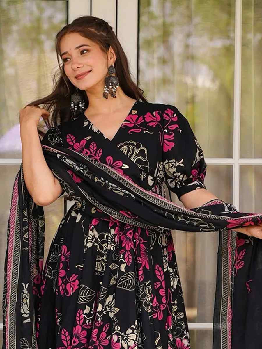 Black Muslin Cotton Printed Party Wedding Festival Casual Ready Anarkali Salwar Kameez