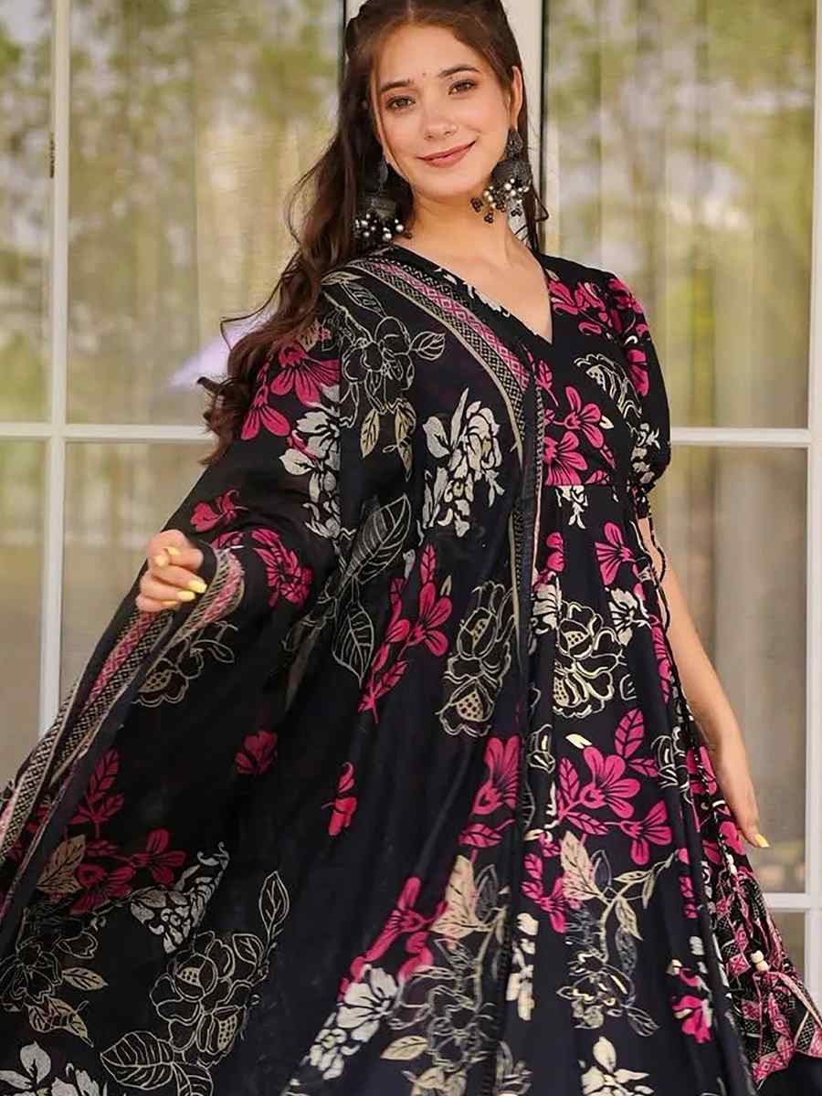 Black Muslin Cotton Printed Party Wedding Festival Casual Ready Anarkali Salwar Kameez