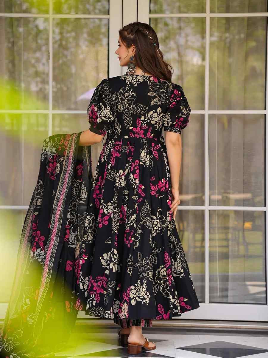 Black Muslin Cotton Printed Party Wedding Festival Casual Ready Anarkali Salwar Kameez