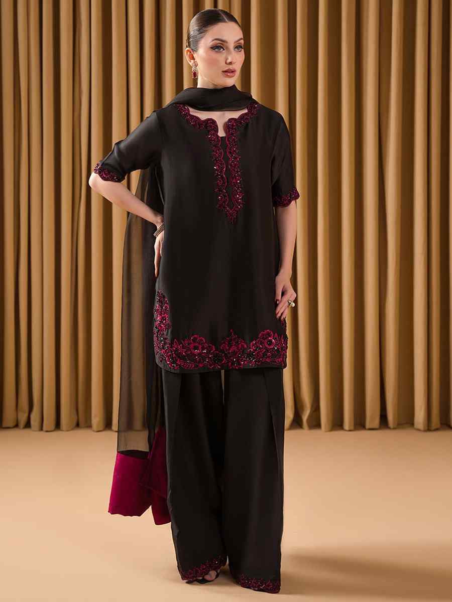 Black Natural Crepe Silk Embroidered Festival Casual Ready Farsi Pant Salwar Kameez