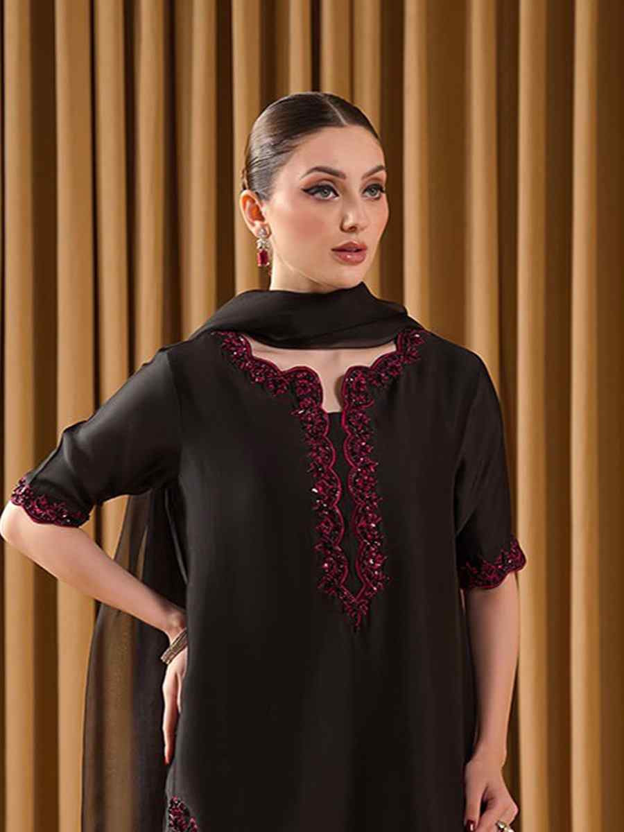 Black Natural Crepe Silk Embroidered Festival Casual Ready Farsi Pant Salwar Kameez