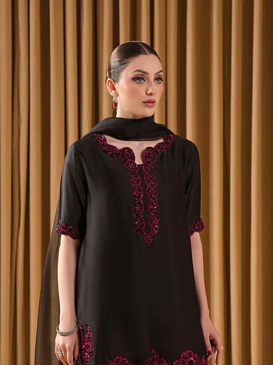 Black Natural Crepe Silk Embroidered Festival Casual Ready Farsi Pant Salwar Kameez