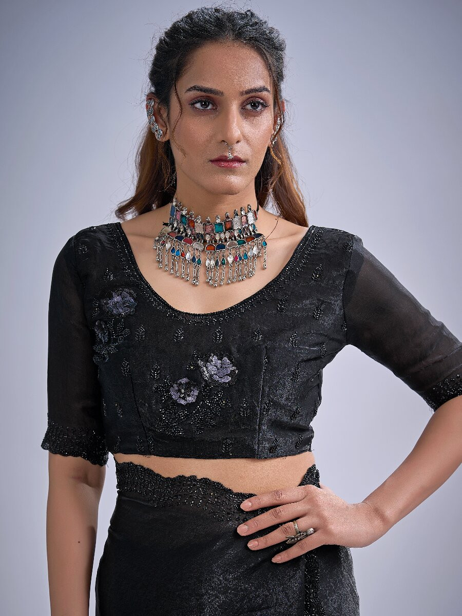 Black NC Satin Silk Stone Work 3d Sequence Festival Wedding Fancy Classic Heavy Border Saree