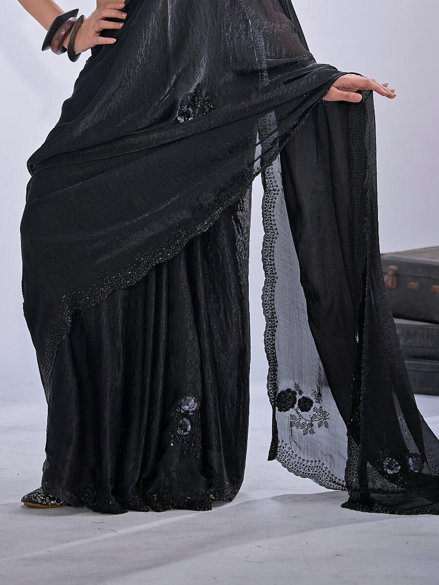 Black NC Satin Silk Stone Work 3d Sequence Festival Wedding Fancy Classic Heavy Border Saree