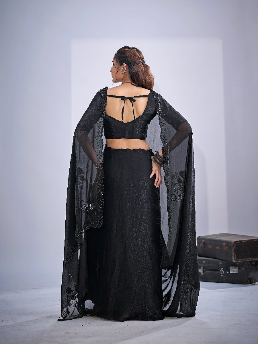 Black NC Satin Silk Stone Work 3d Sequence Festival Wedding Fancy Classic Heavy Border Saree