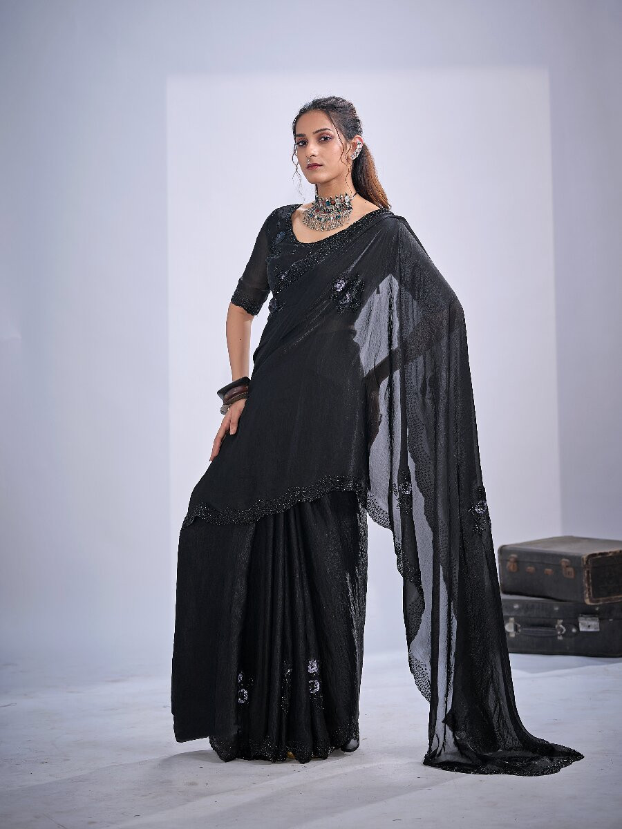 Black NC Satin Silk Stone Work 3d Sequence Festival Wedding Fancy Classic Heavy Border Saree