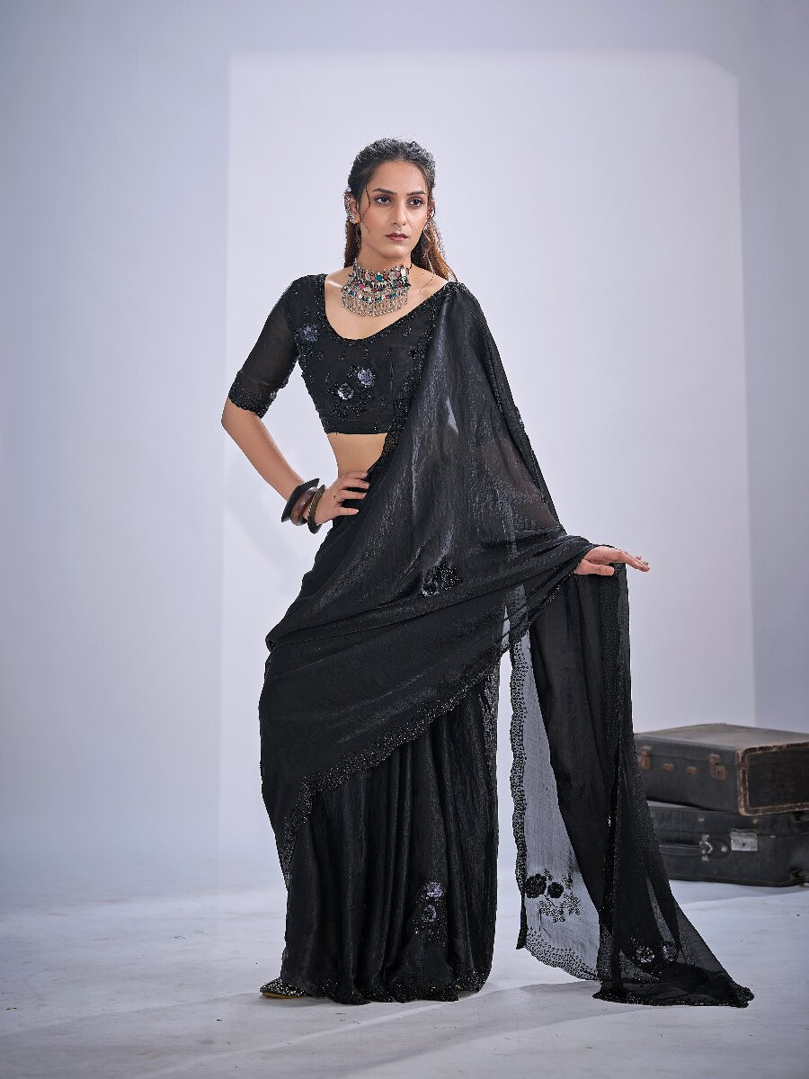 Black NC Satin Silk Stone Work 3d Sequence Festival Wedding Fancy Classic Heavy Border Saree
