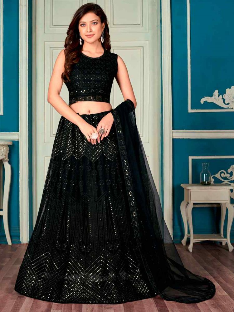 Black Net Embroidered Festival Party Wear Circular Lehenga Choli