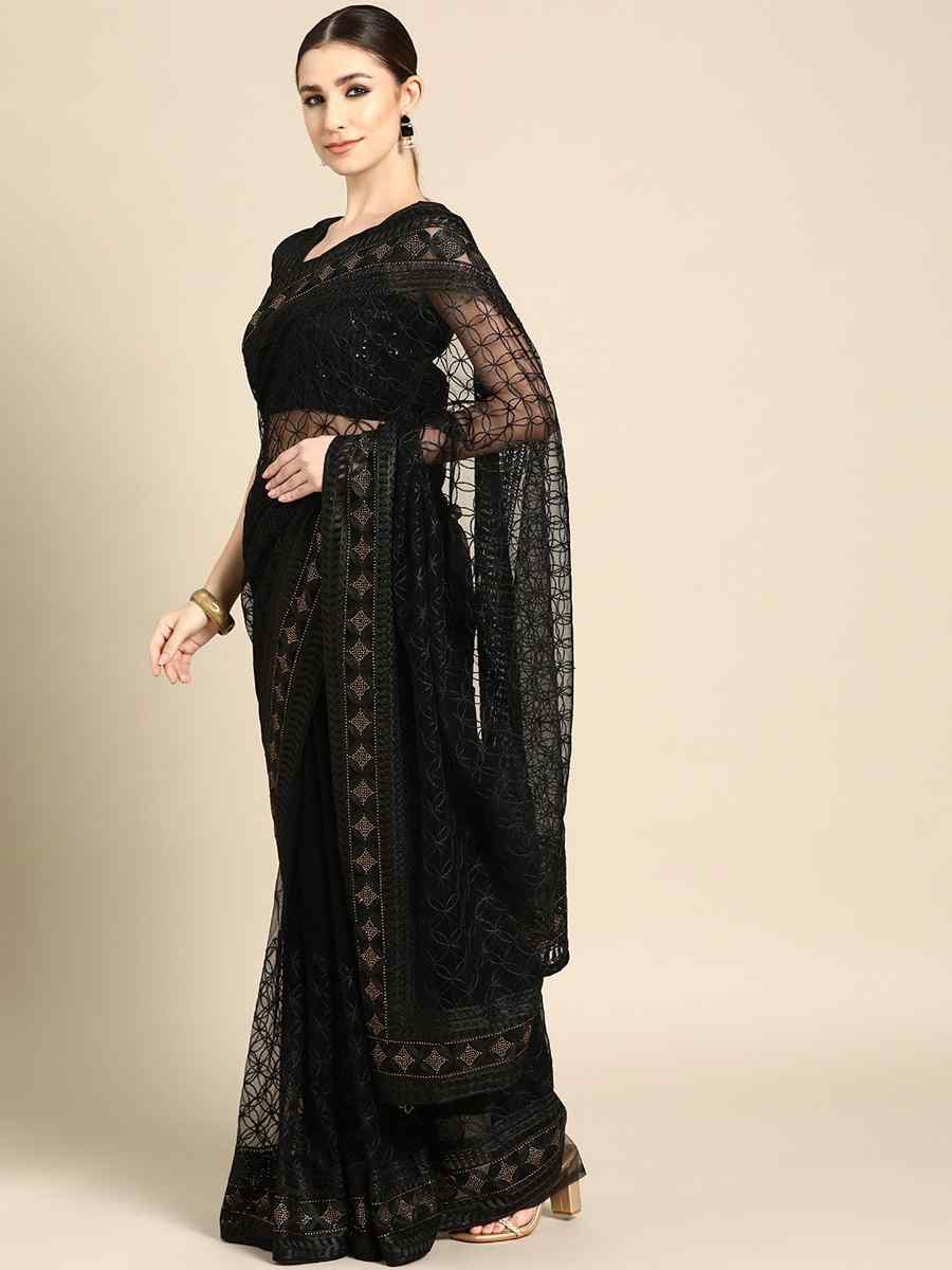 Black Net Embroidered Party Festival Classic Style Saree
