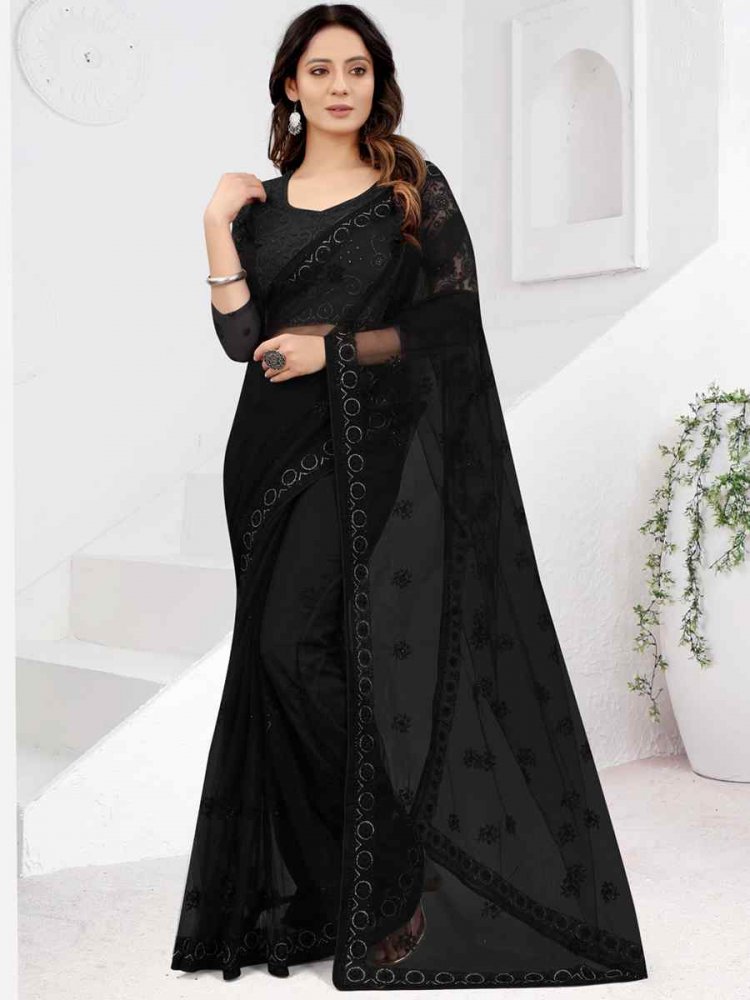 Black Net Embroidered Party Festival Classic Style Saree