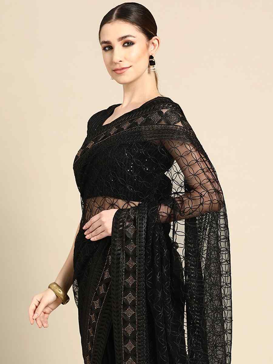 Black Net Embroidered Party Festival Classic Style Saree