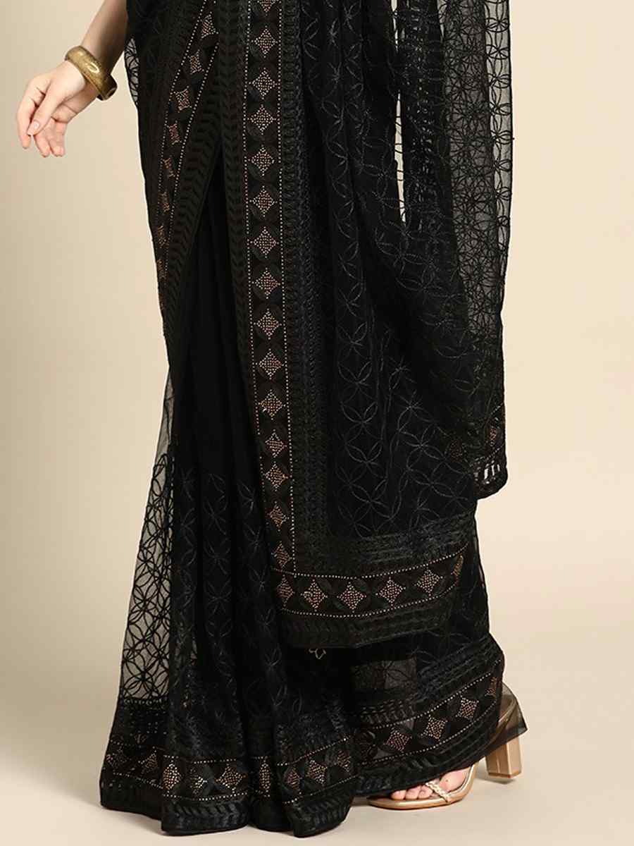 Black Net Embroidered Party Festival Classic Style Saree
